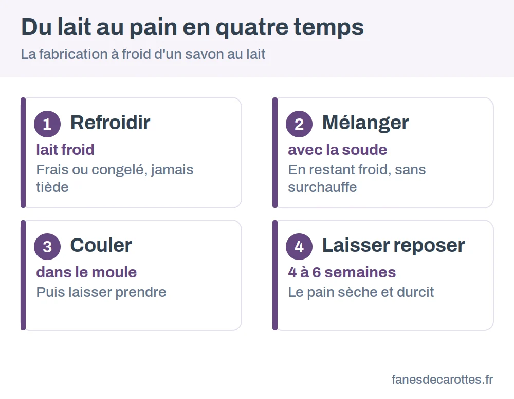 Schéma en quatre temps : refroidir le lait, le mélanger à la soude, couler, laisser reposer